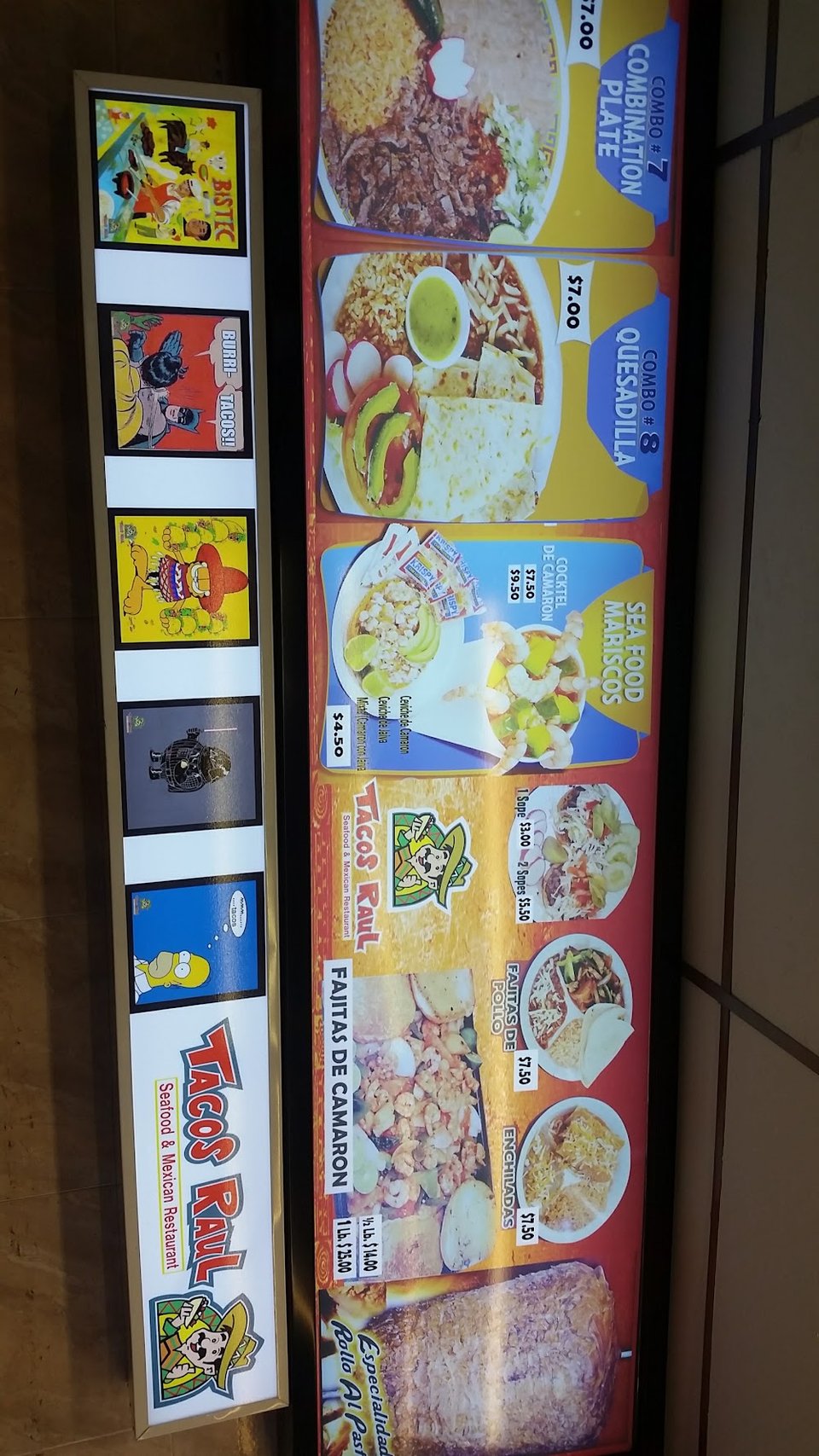 Menu board with tacos, burritos, and quesadillas.